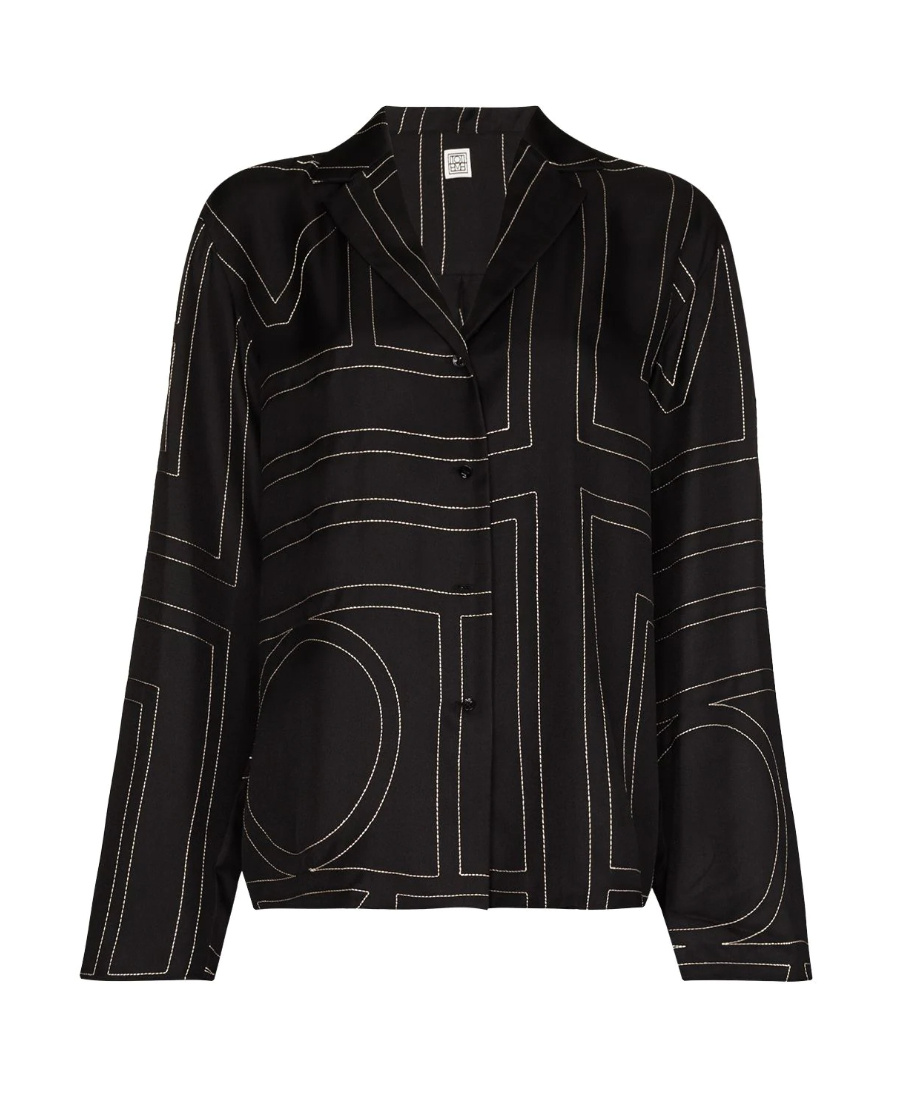 Totême Monogram Embroidered Silk-twill Shirt In Black