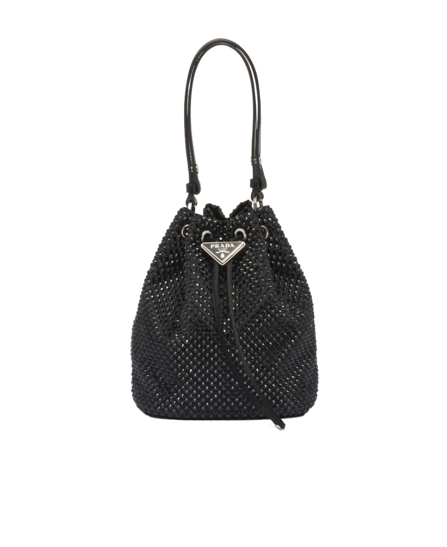 Prada Womens Black Crystal-embellished Mini Satin Shoulder Bag In Black