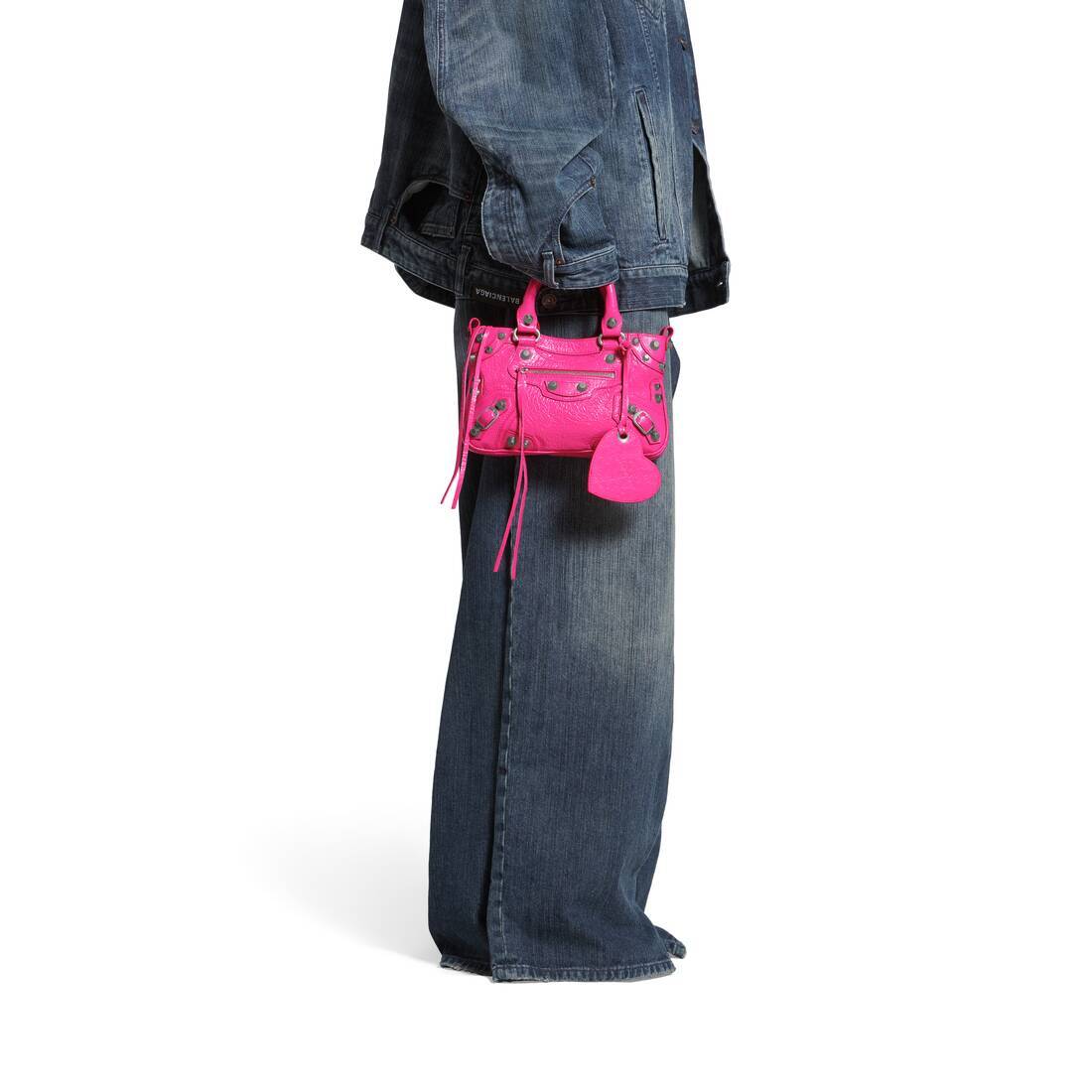Balenciaga Green Leather Shoulder Handbag With Magnetic Closure And Metal Details In Pink