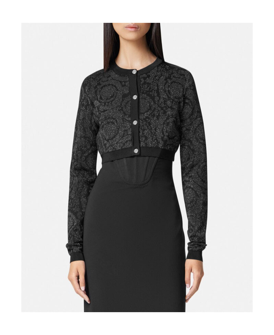 Versace Lurex Cropped Cardigan With Barocco Motif In Black