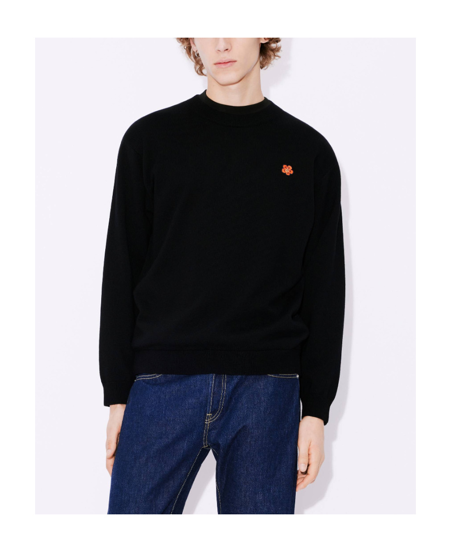 Kenzo Black Knit Jumper With Boke Flower Logo Patch On The Chest In Wool Man In Black