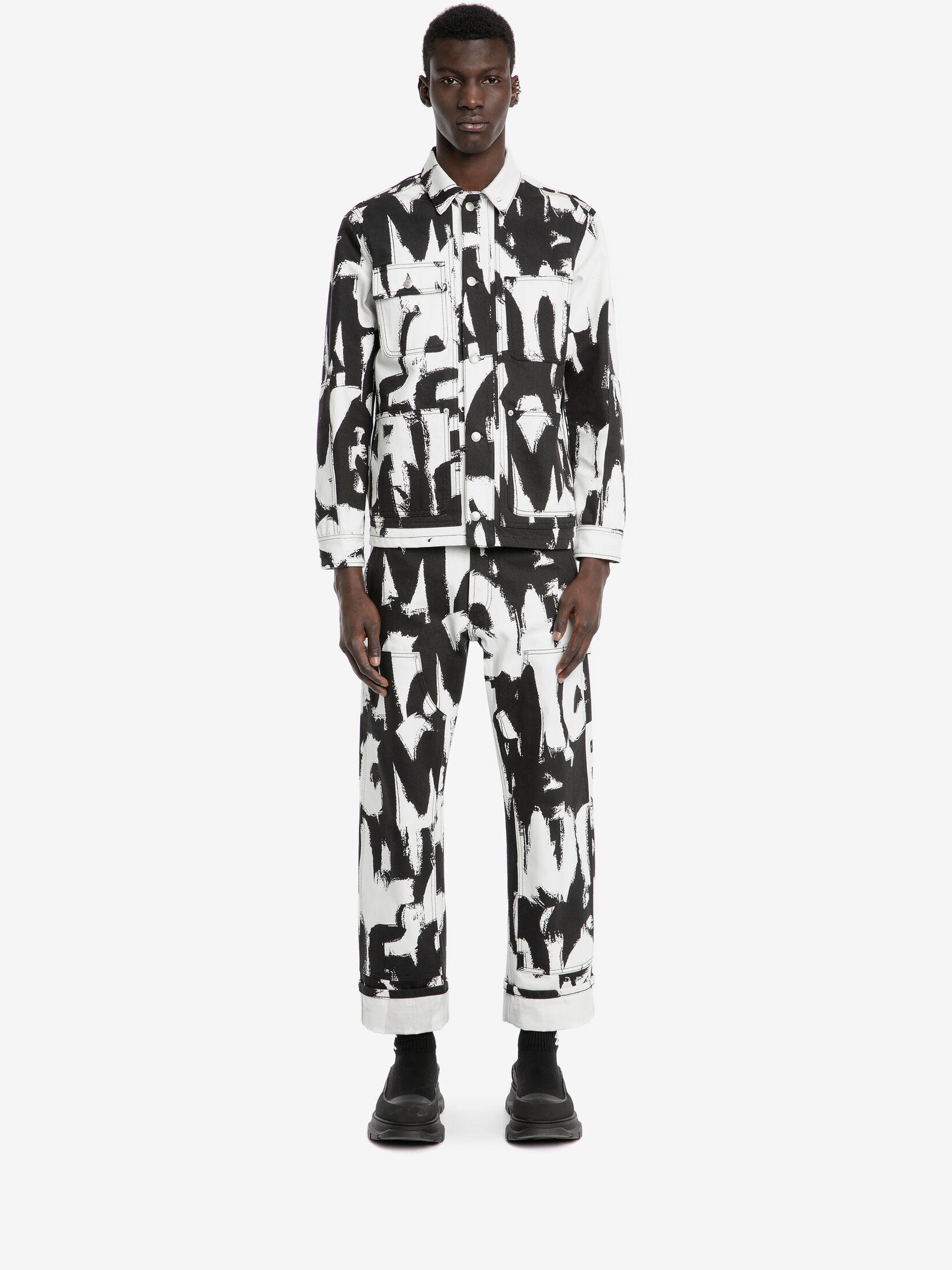 Alexander Mcqueen Exploded Graffiti Denim Overshirt In Black