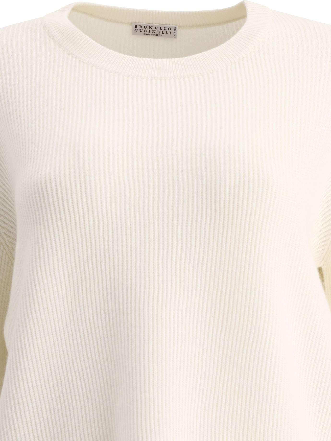 Brunello Cucinelli Cashmere English Rib Sweater With Monili Knitwear White In Neutral