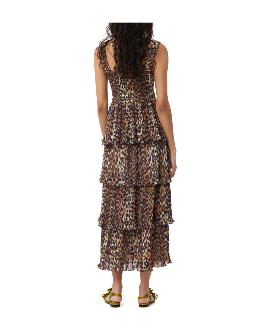 Ganni + Net Sustain Pleated Smocked Leopard-print Recycled-georgette Midi Dress In Brown