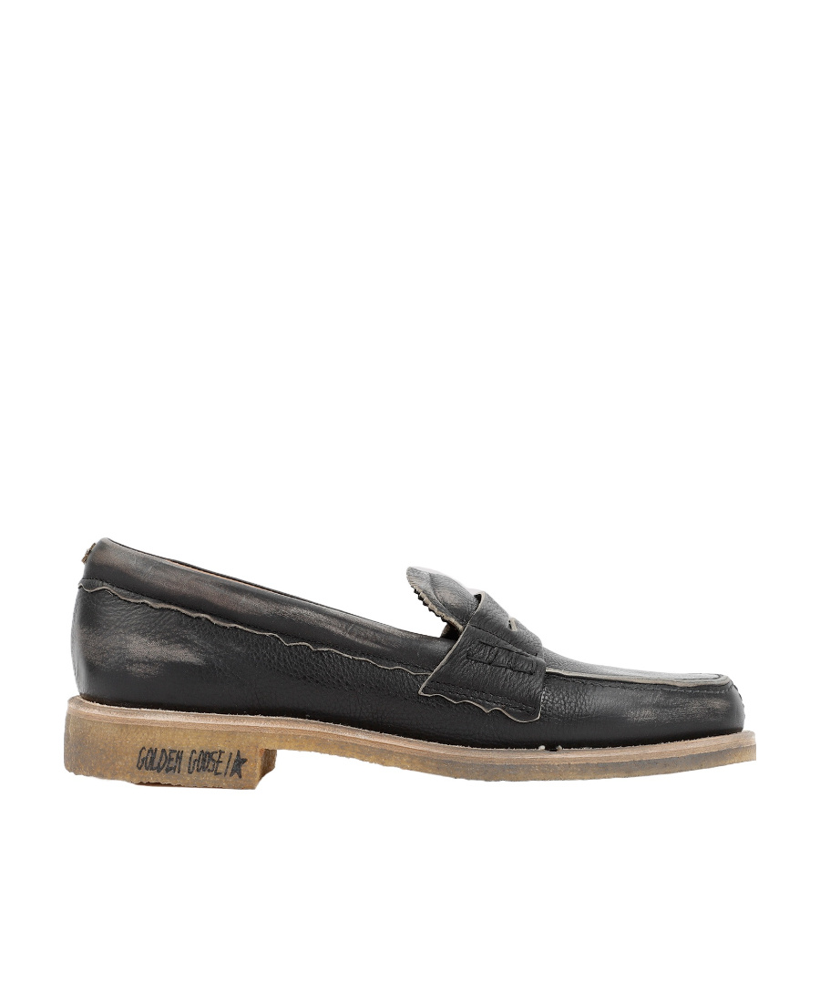 Golden Goose Black Leather Jerry Loafers With Distressed Finish In Black