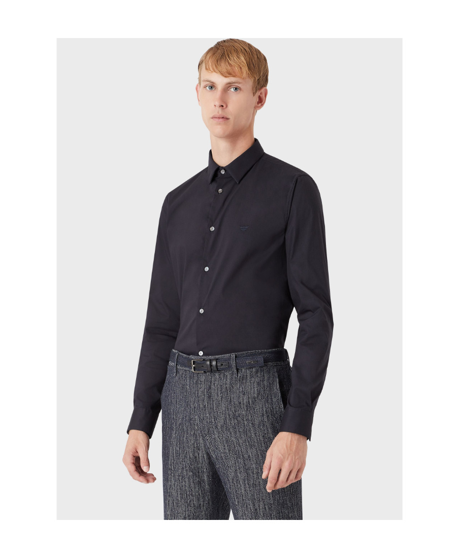 Emporio Armani Long-sleeved Lapel Full-body Logo Jacquard Shirt In Black