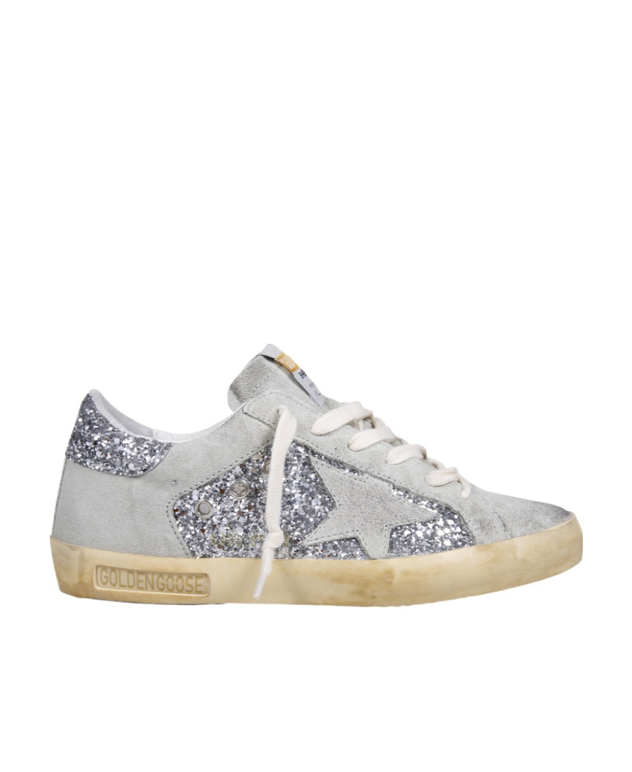 Golden Goose Super-star Suede And Glitter Upper Suede Star Glitter Heel Sneakers Silver In Gray