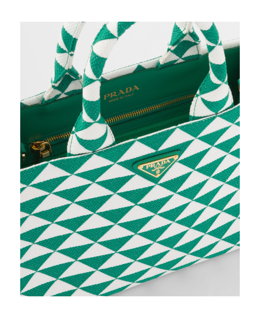 Prada Women Embroidered Fabric Small Symbole Shopping Bag In Mango Color