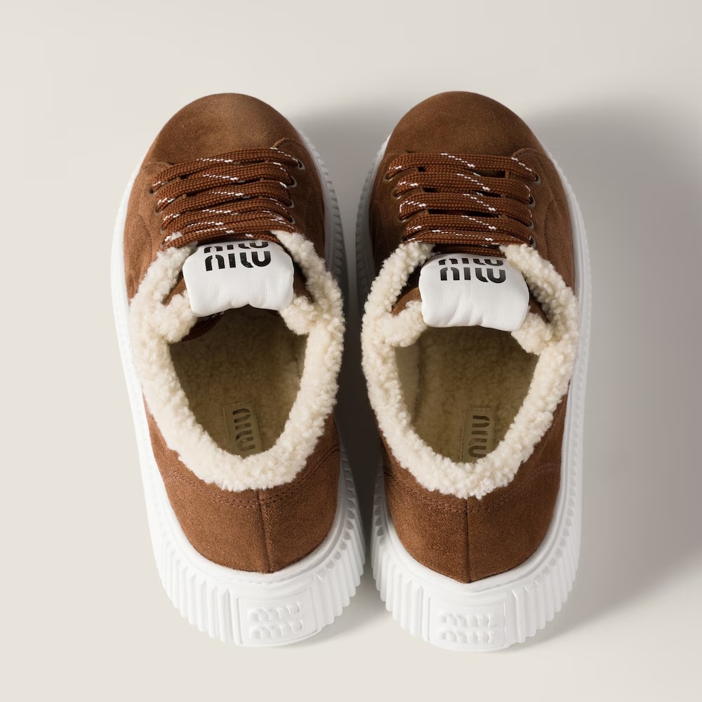 Miu Miu Suede And Shearling Sneakers In Brown