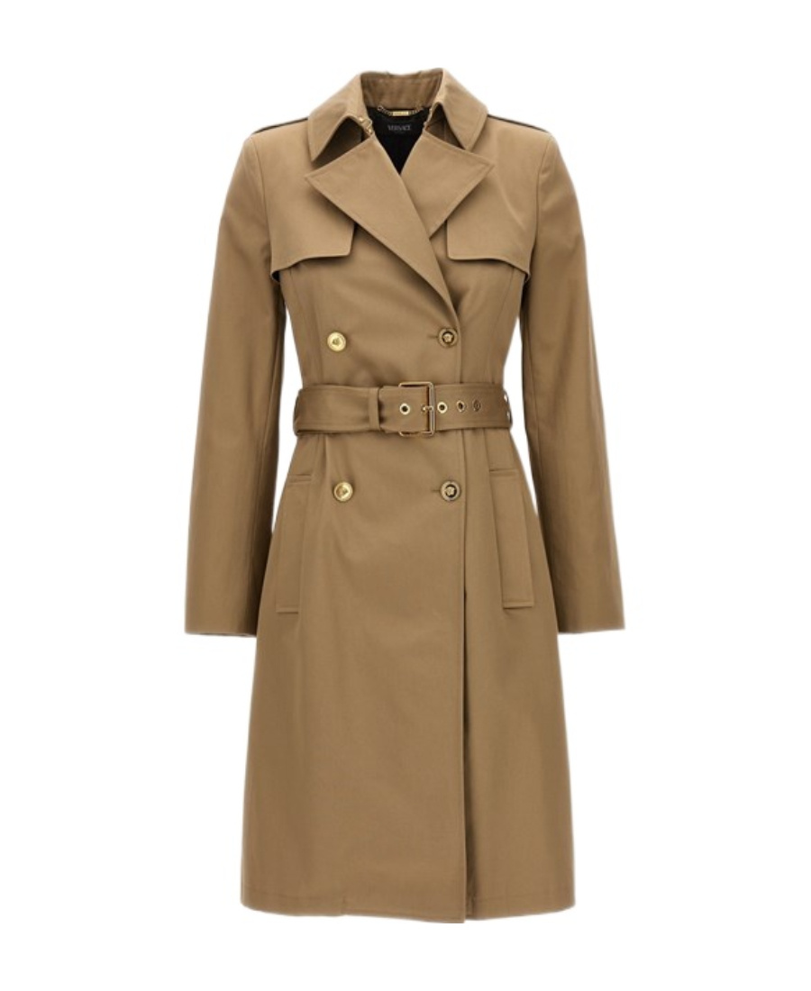 Versace Icons Belted Double-breasted Cotton-gabardine Trench Coat In Brown