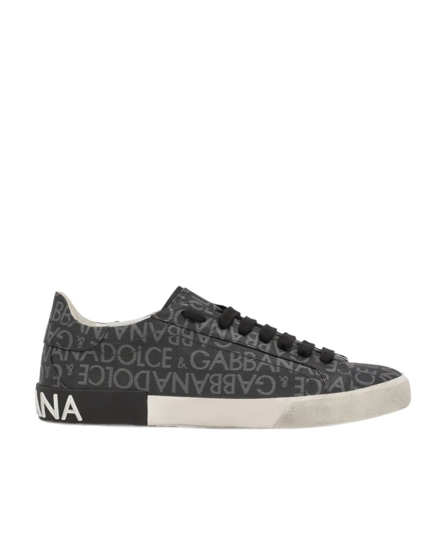 Dolce & Gabbana Leather And Fabric Low-top Sneakers With All-over Motif In Black