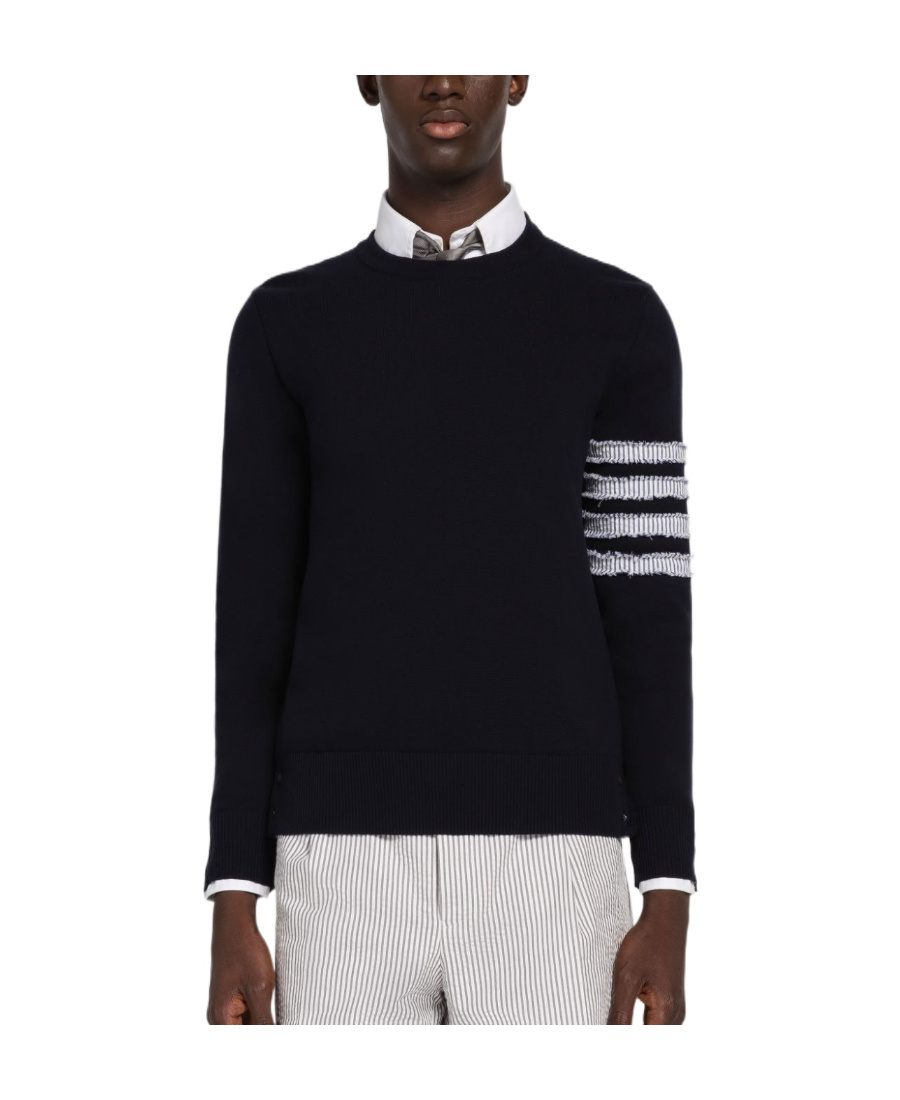 Thom Browne Blue Crewneck Swwater With 4-bar On The Sleeve And Ribbed Trims In Wool Man In Navy Blue