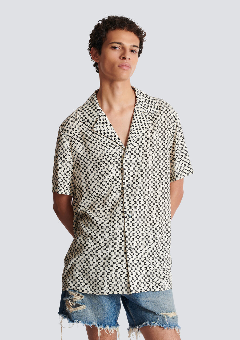 Balmain Monogram-pattern Satin Shirt In White