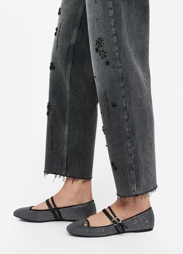 Liu •jo Straight-leg Denim Trousers With Rhinestones In Gray