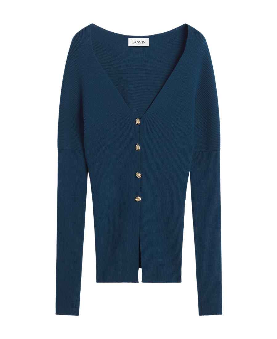 Lanvin Petrol Blue In Stretch Wool Blend Cardigan In Blue