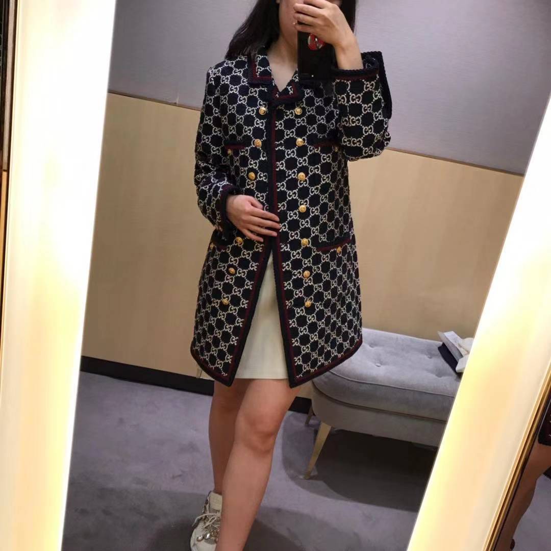 Gucci Gg Pattern Tweed Coat In Black