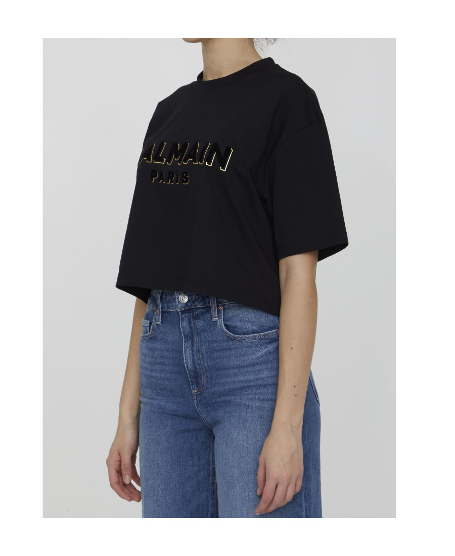 Balmain Logo-print Cropped T-shirt In Black
