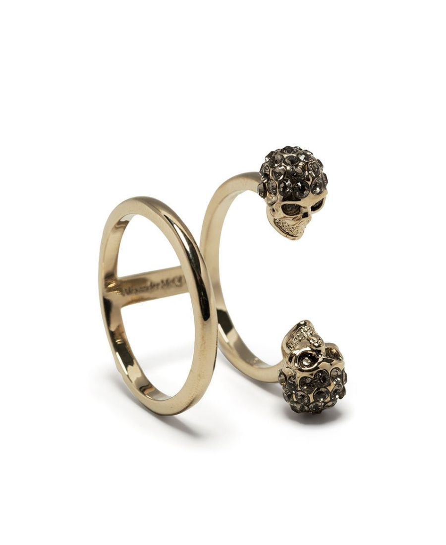 Alexander Mcqueen Double Twin Skull Ring In Palladium Gold In Yellow