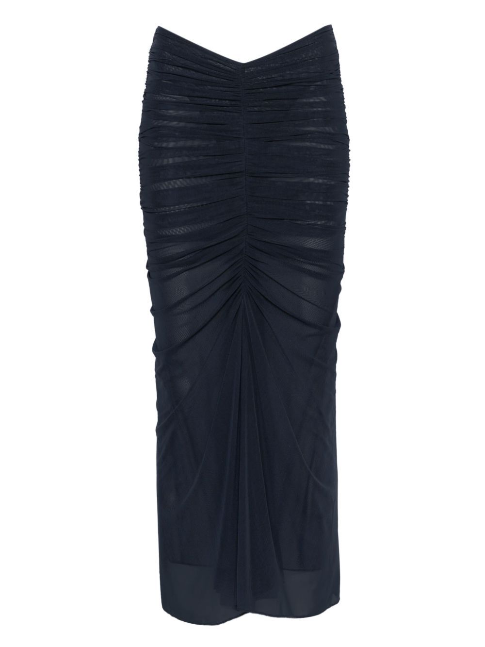 Mugler Black Ruched Mesh Midi Skirt In Black