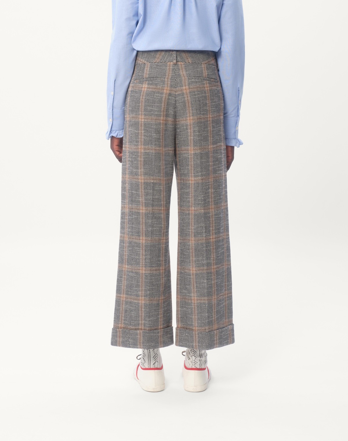 Valentino Wool Blend Trousers With Turn-up With Check Pattern In Gray