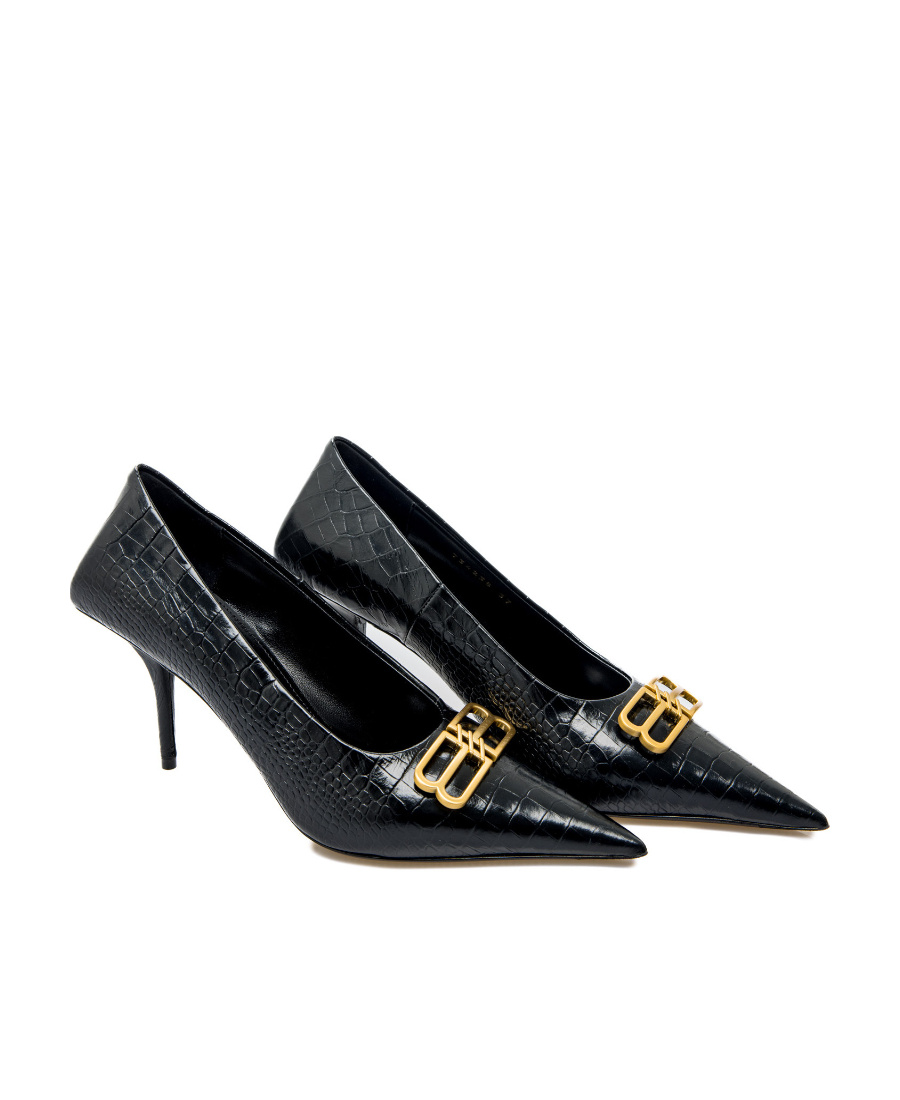 Balenciaga 80mm Square Knife Bb Crocodile-embossed Pointed Pumps In Black