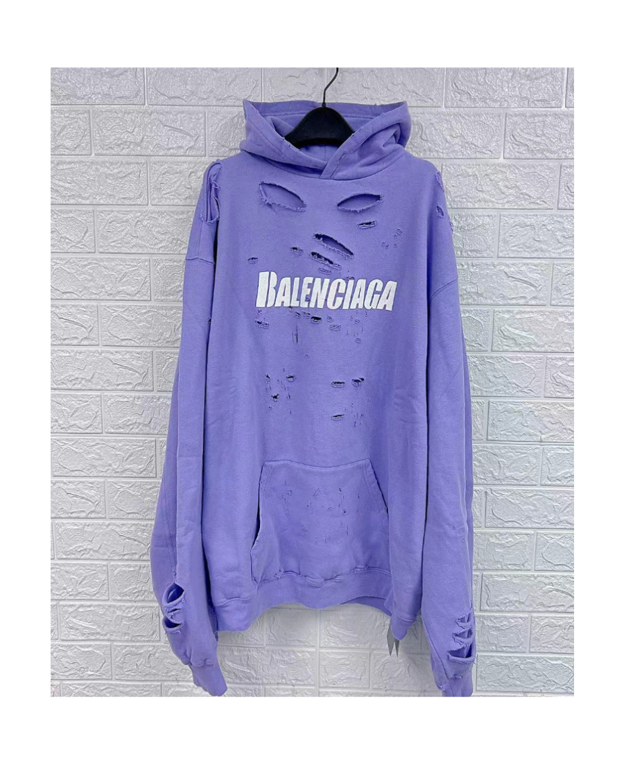 Balenciaga Oversized Distressed Logo-print Cotton-jersey Hoodie In Blue