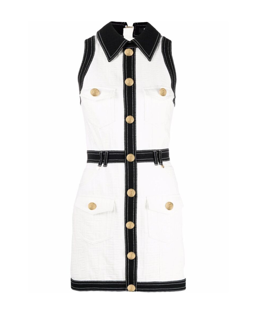 Balmain Short Buttoned Bi-colour Dress In White