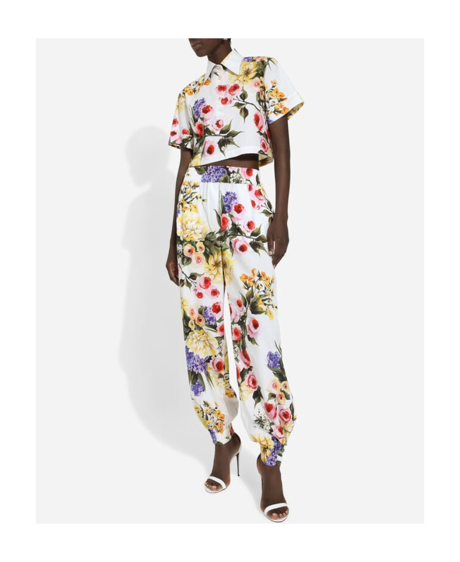 Dolce & Gabbana Floral Cropped Cotton Poplin Shirt In White