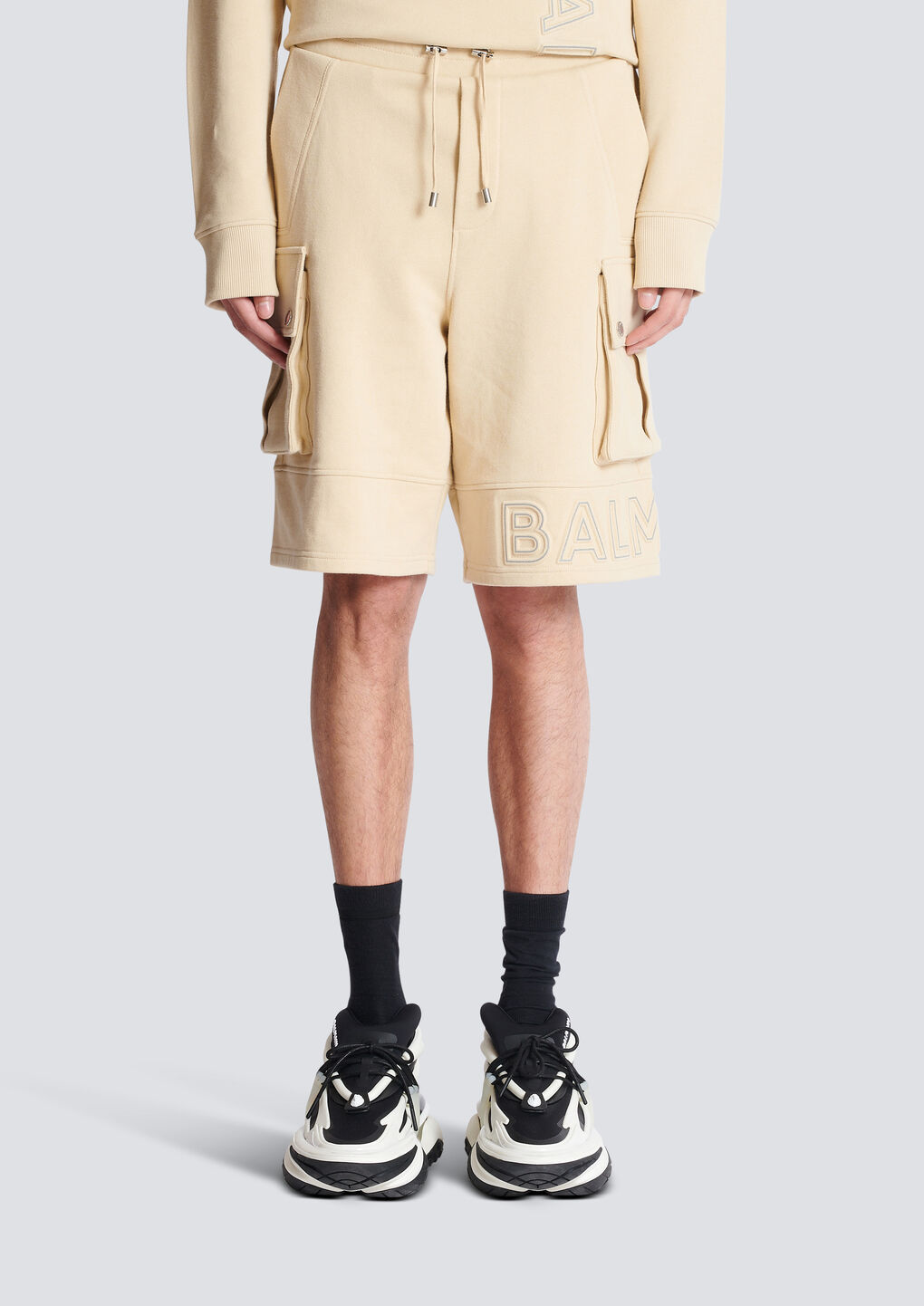 Shop Balmain Cargo Shorts With Reflective  Logo In Nude