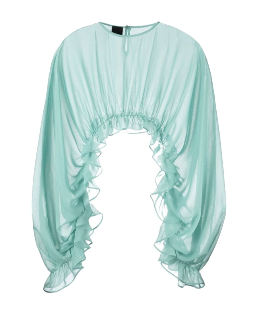 Pinko Ruffle-detail Sheer Cropped Blouse In Blue