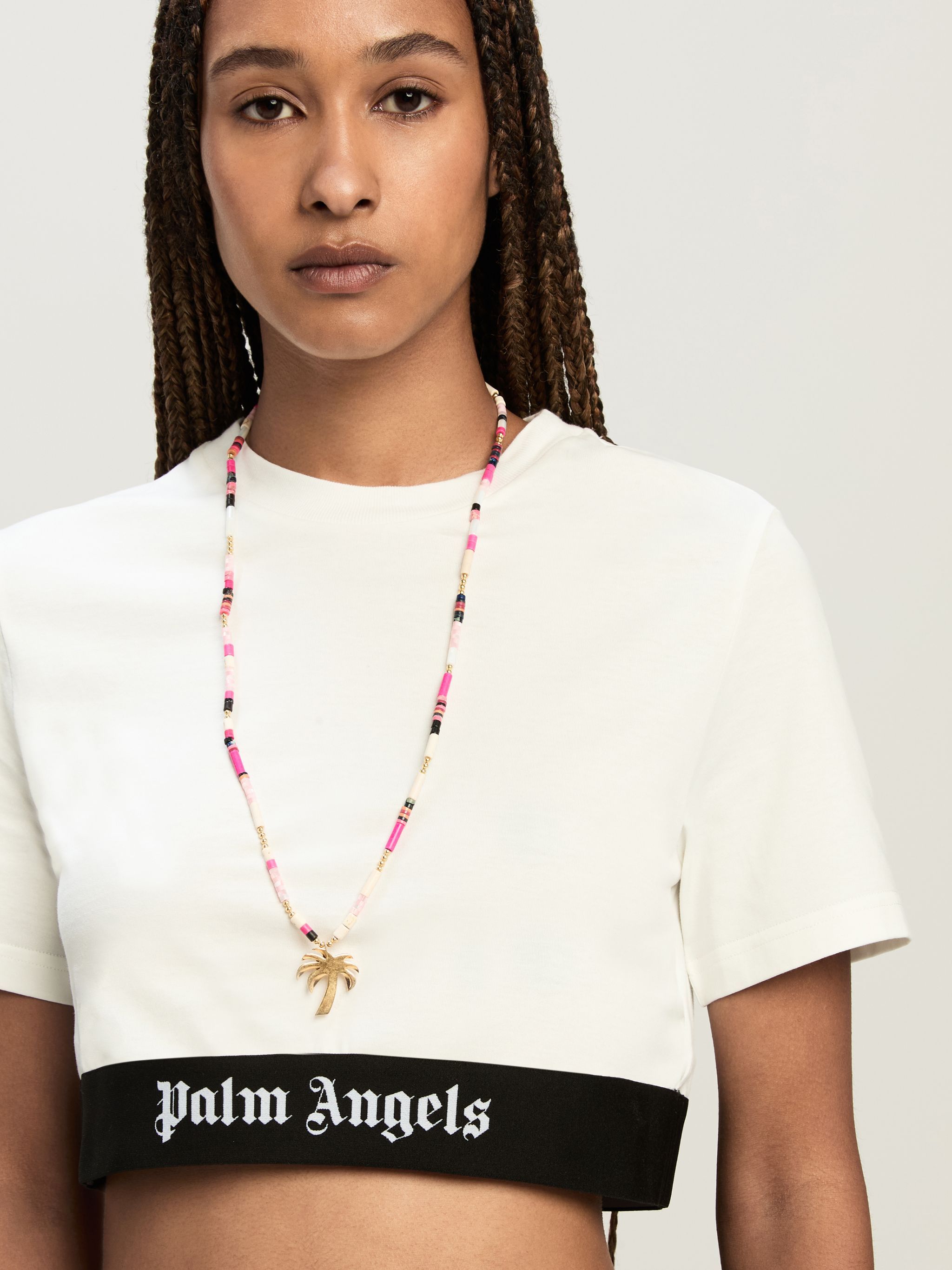 Palm Angels White Cropped T-shirt With Jacquard Logo In Cotton Woman In White