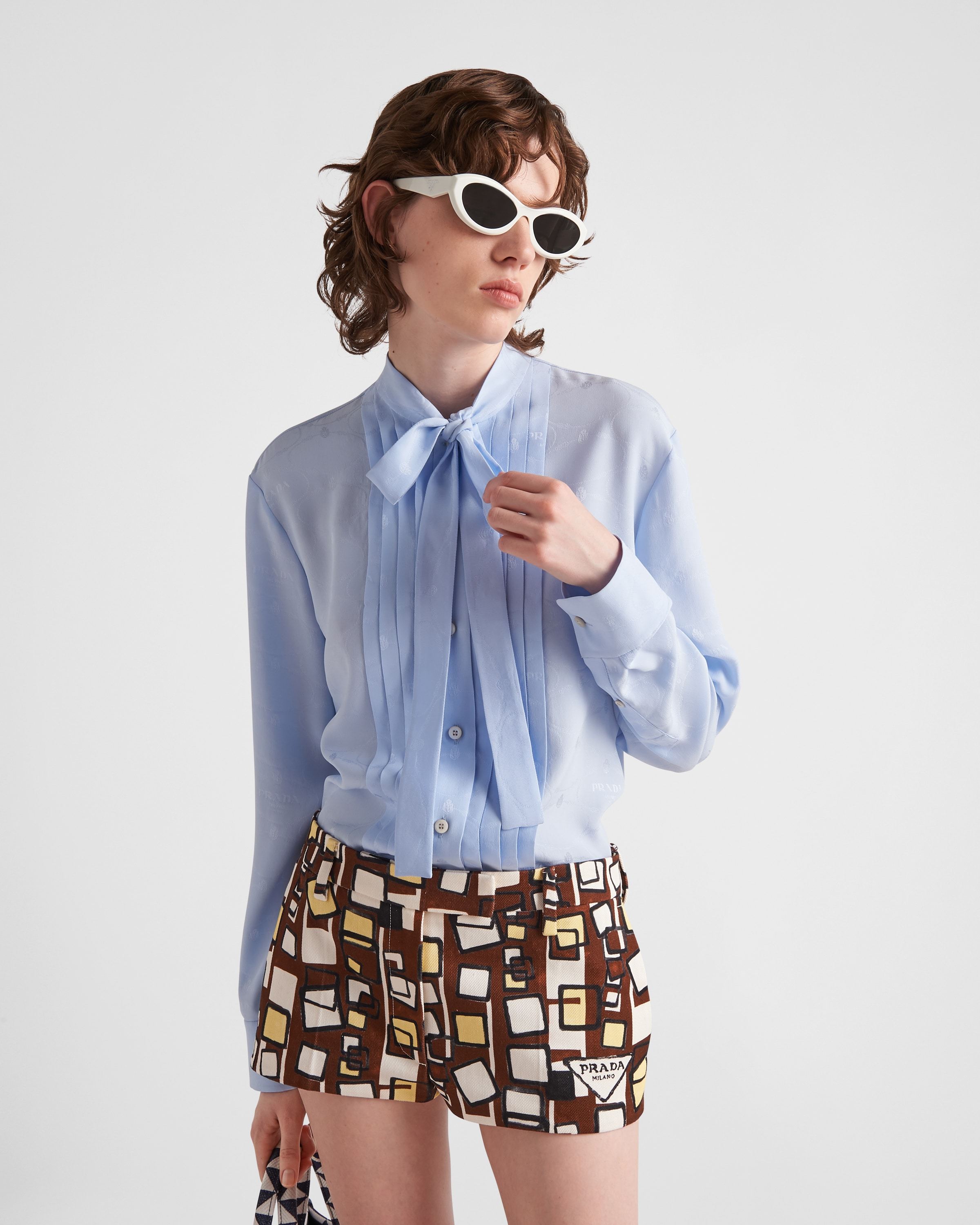 Prada Jacquard Crepe De Chine Blouse In Blue