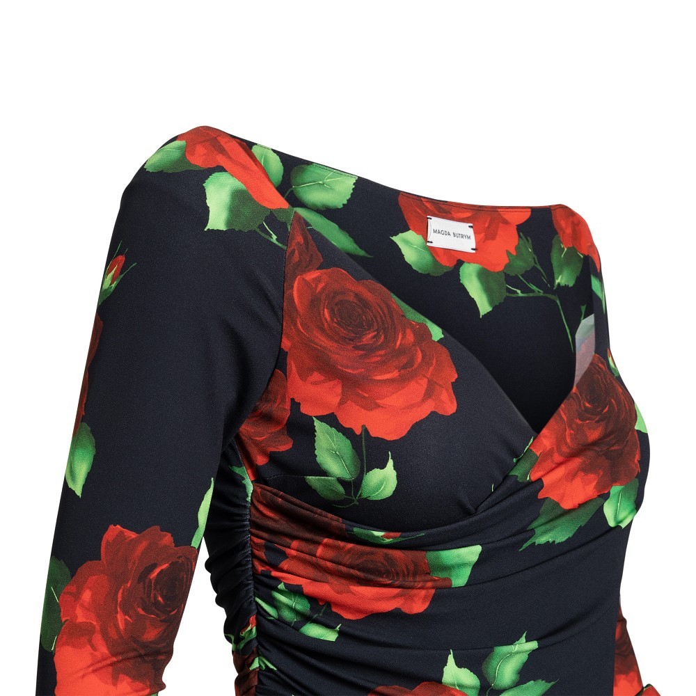 Magda Butrym Black Flared Mini-dress With Floral Print All-over In Viscose Woman In Black