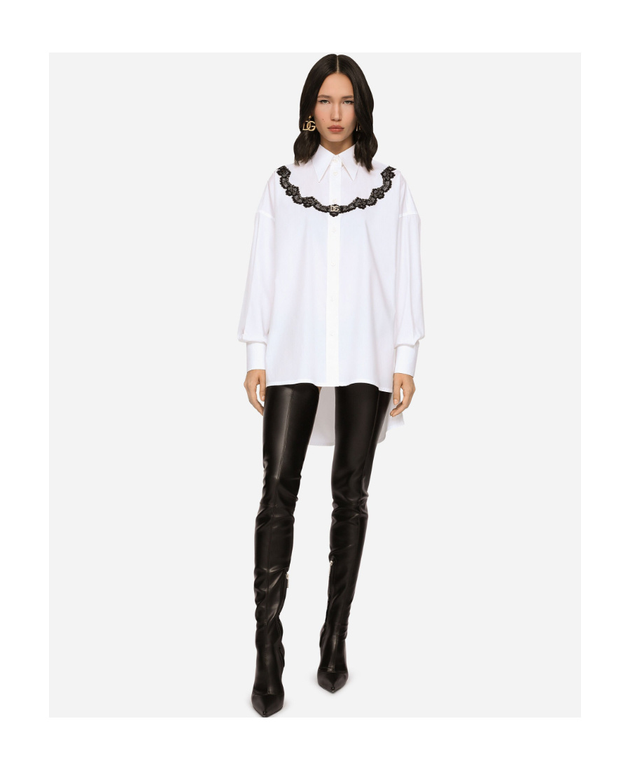 Dolce & Gabbana Dolce&gabbana Oversize Lace Yoke High-low Cotton Blend Button-up Shirt In White