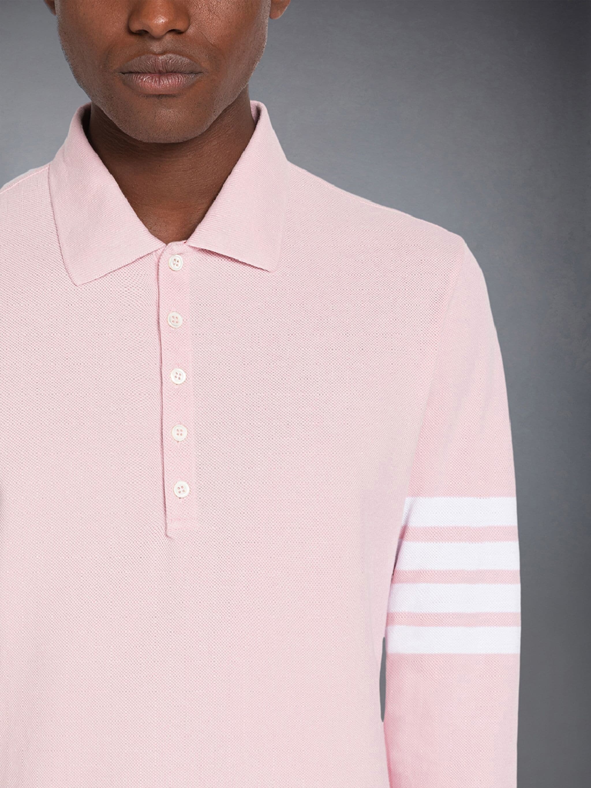 Thom Browne Three-stripe Long-sleeved Polo Shirt In Pink