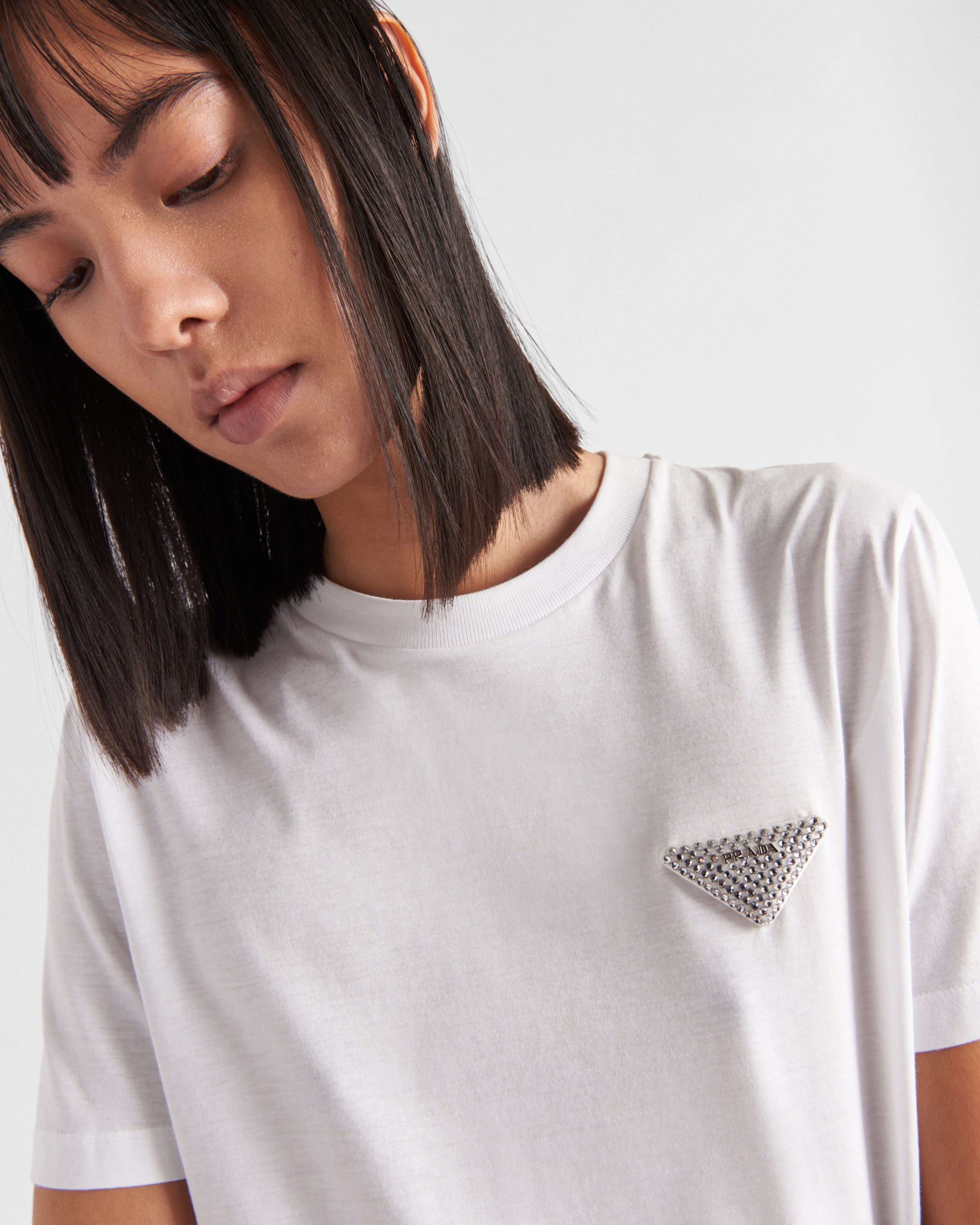 Prada Womens White Logo-plaque Crystal-embellished Cotton T-shirt In White