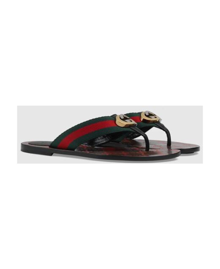 Gucci Gg Web Leather Thong Sandals In Black