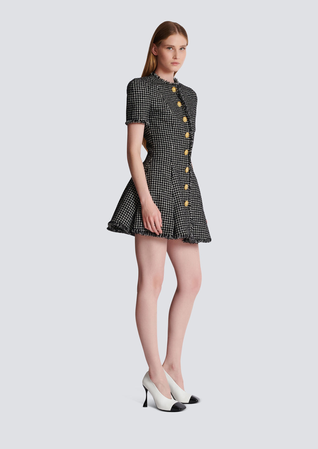 Balmain Pleated Cotton-blend Tweed Minidress In Black