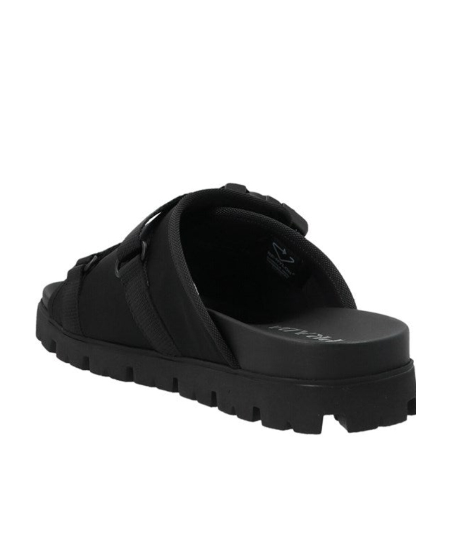 Shop Prada Tape Buckled Slide Sandals In Black