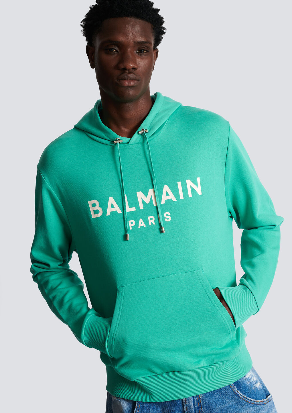 BALMAIN COTTON PRINTED BALMAIN LOGO HOODIE 