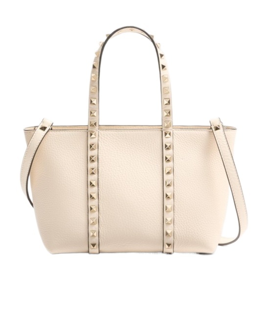 Valentino Garavani Sand Leather Small Rockstud Shopping Bag In Neutral