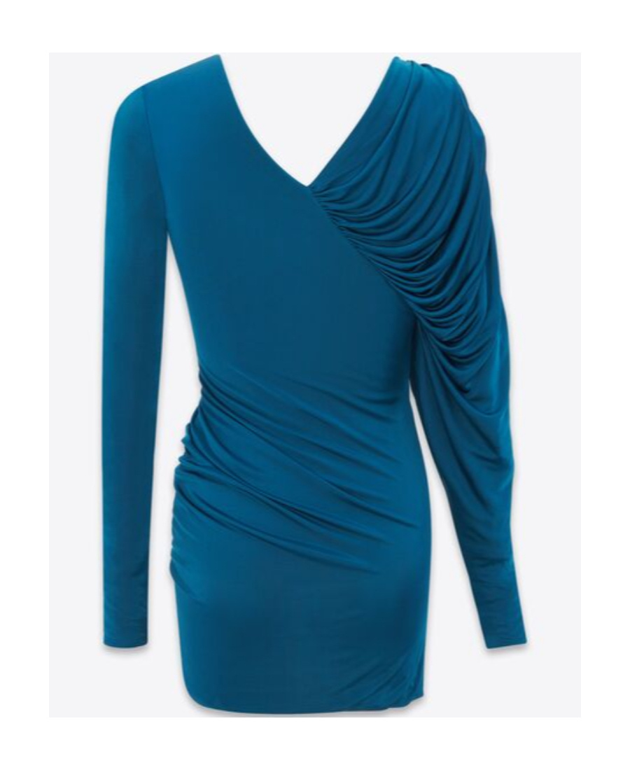 Saint Laurent Mini Blue Dress With V Neckline And Gathering Detail In Viscose Woman In Blue