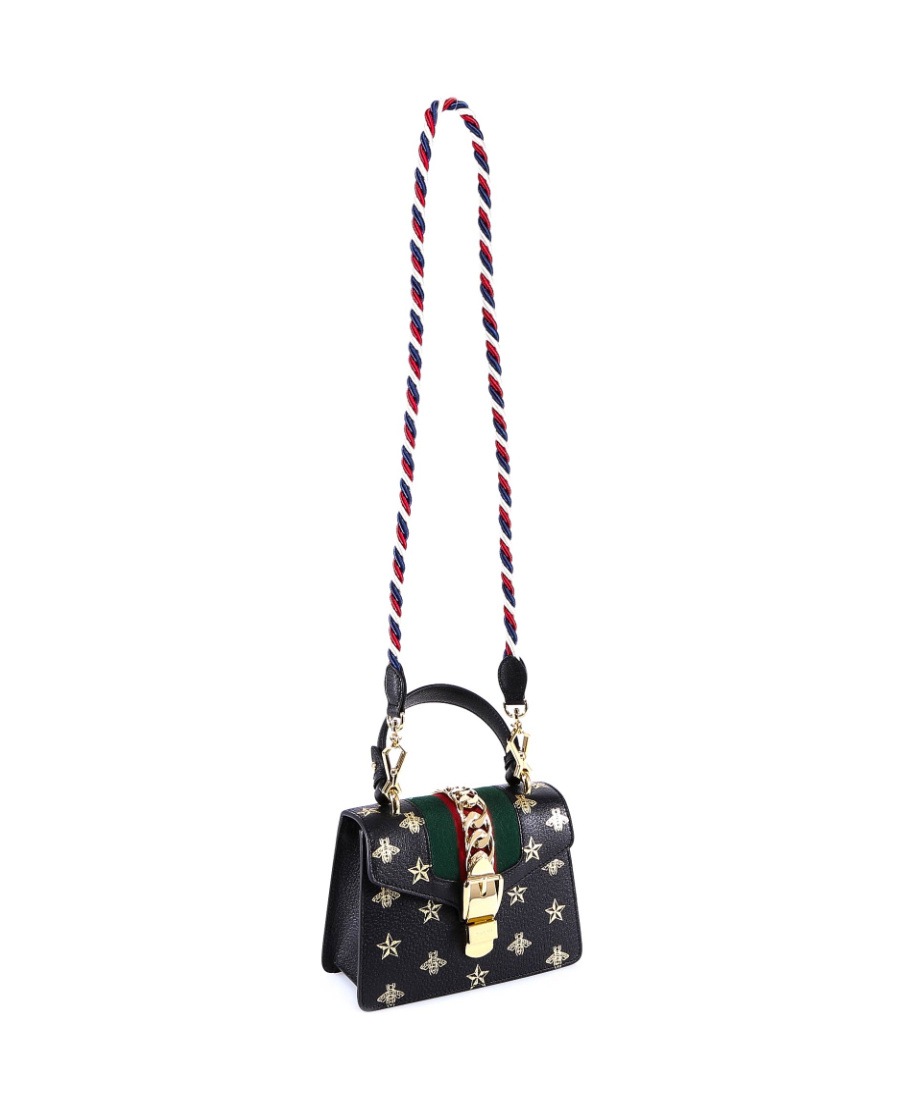 Gucci Sylvie Bee Star Mini Leather Bag In Black