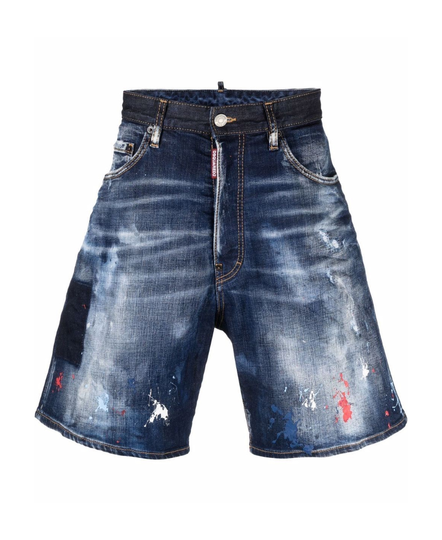 Dsquared2 Paint-splatter Wide-cut Denim-shorts In Blue
