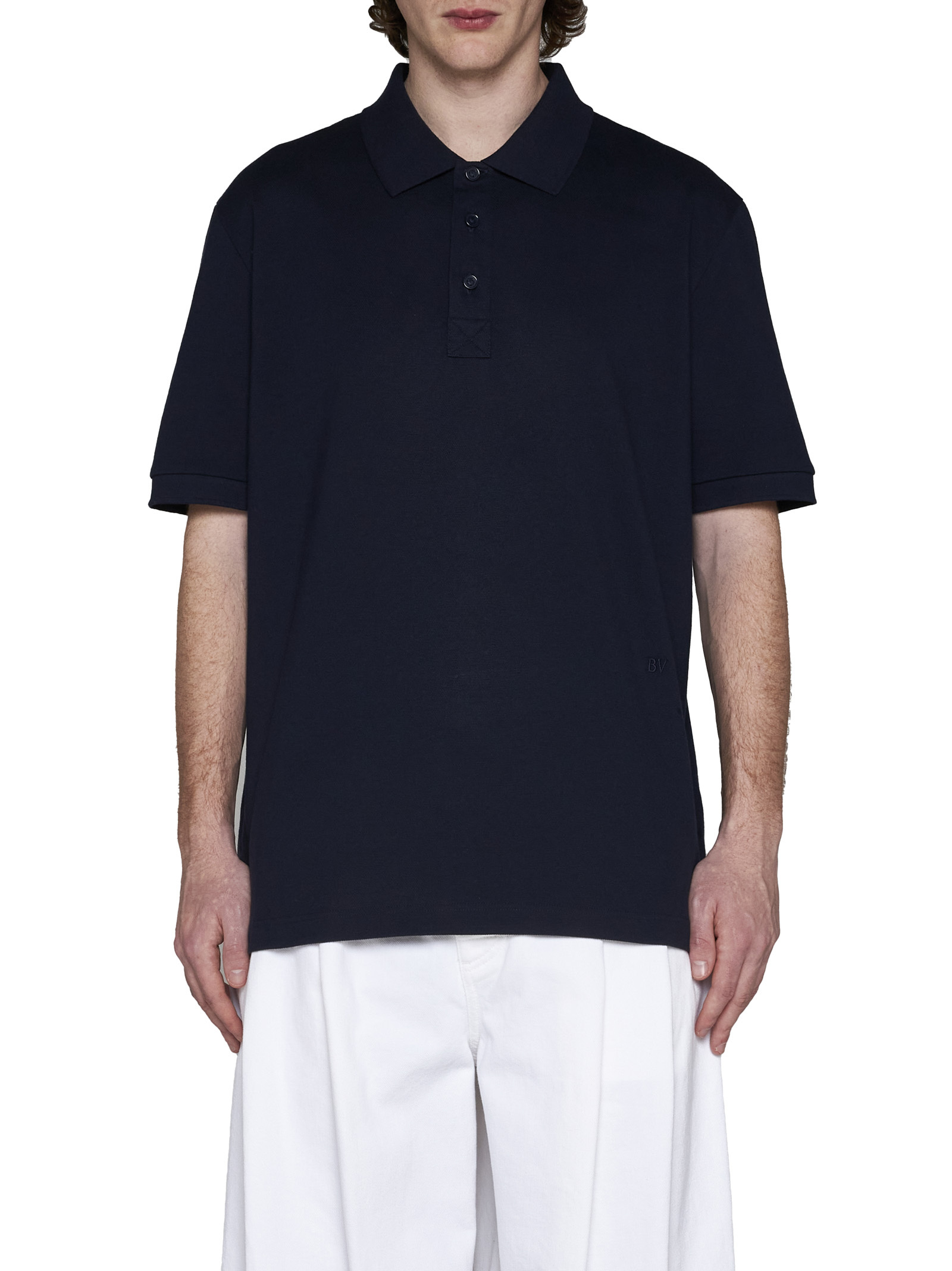 Bottega Veneta Blue Polo With Classic Collar And Embroidered Logo On The Front In Tone On Tone Cotto In Blue