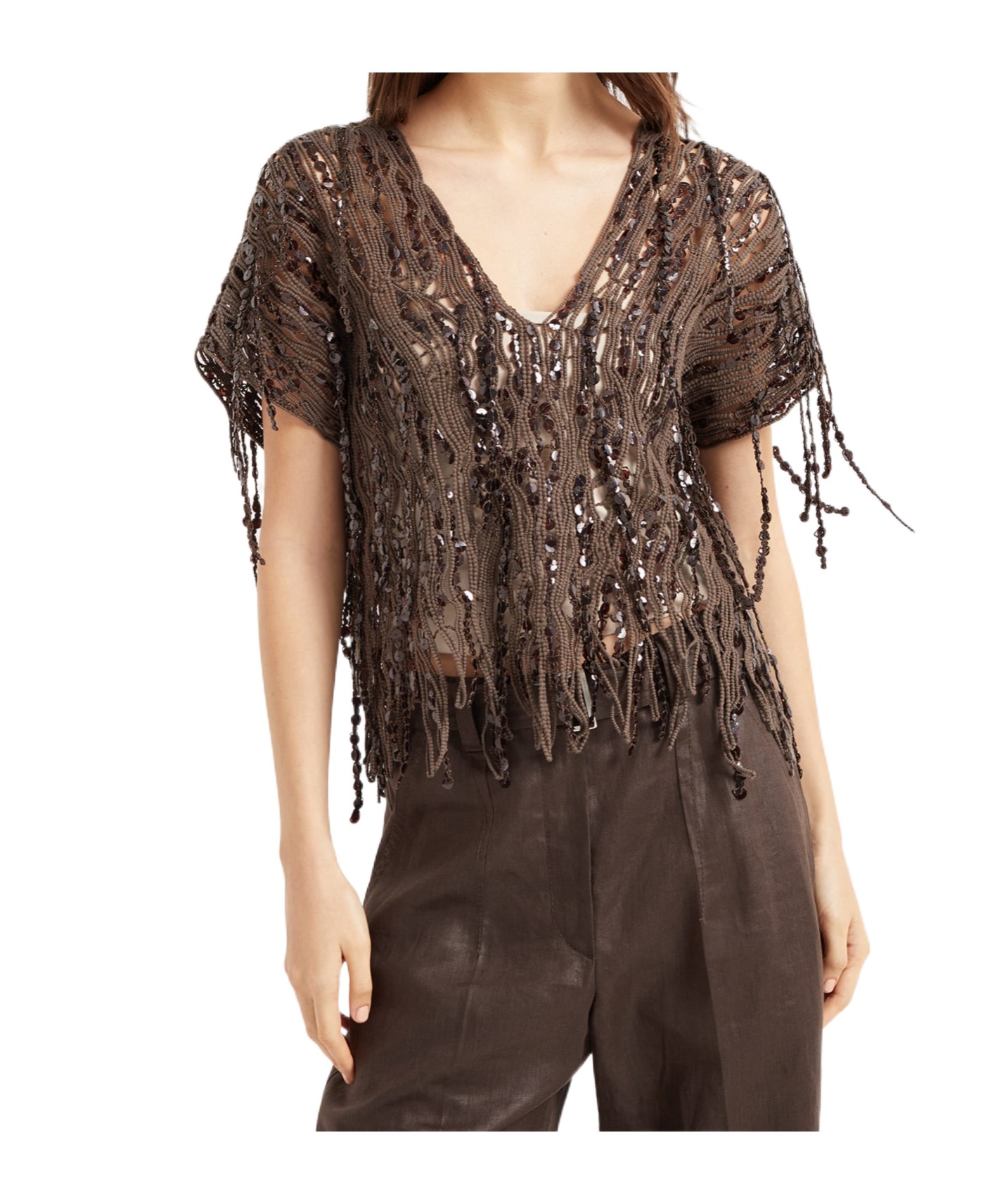 Brunello Cucinelli Sequin-embellished T-shirt In Brown