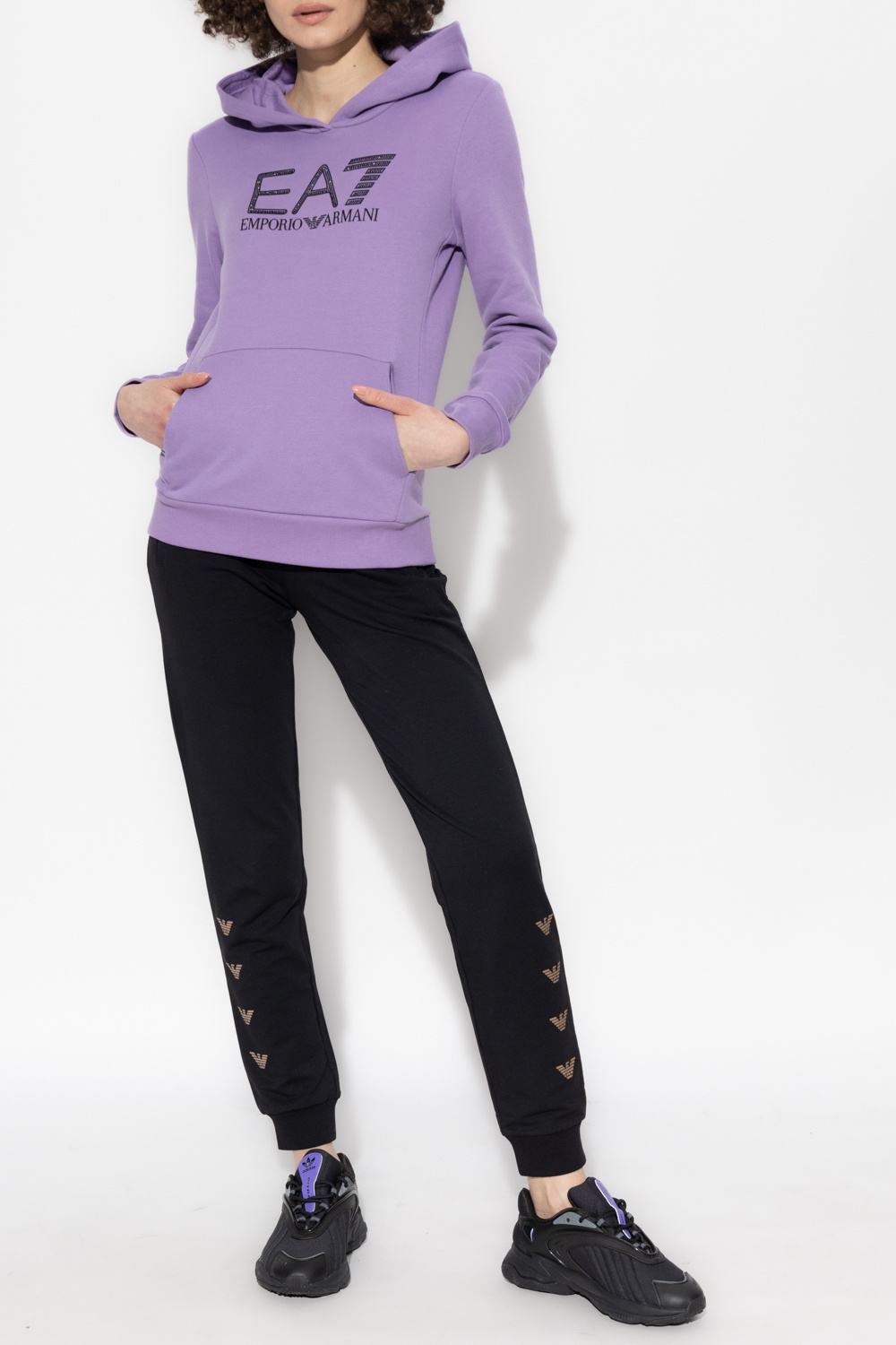 Ea7 Logo-print Long-sleeve Hoodie In Purple