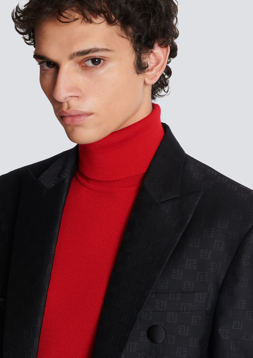 Balmain Mini Monogram-print Satin Blazer In Black