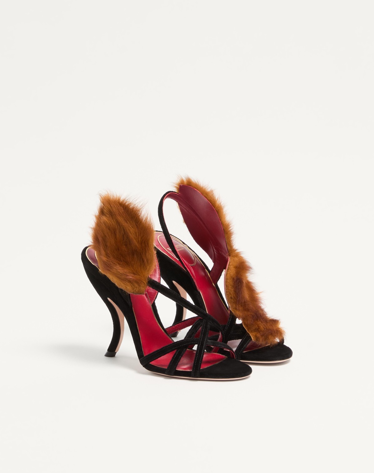 Valentino Garavani Fetishique Velvet Sandal With Fur Leaf 105 Mm Woman Black 36 In Black