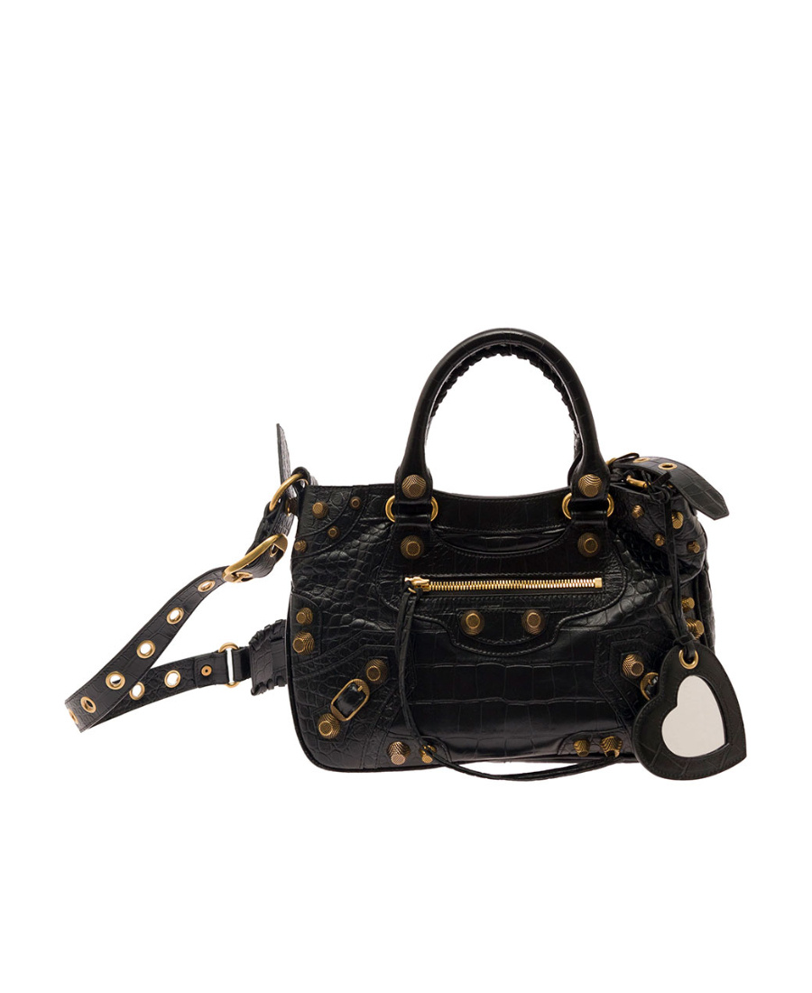 Balenciaga Green Leather Shoulder Handbag With Magnetic Closure And Metal Details In Black